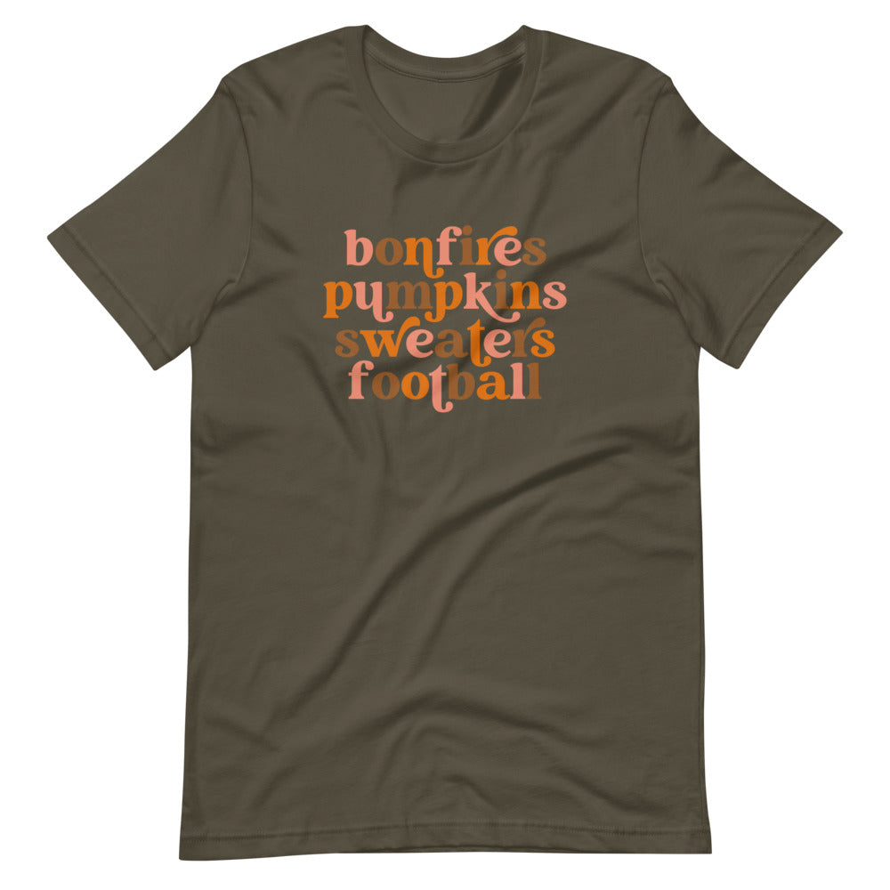 Bonfires Pumpkins Sweaters Football Tee